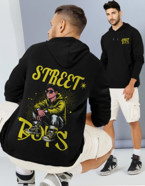 MEN BLACK PRINTED HOODED BLACK T-shirt