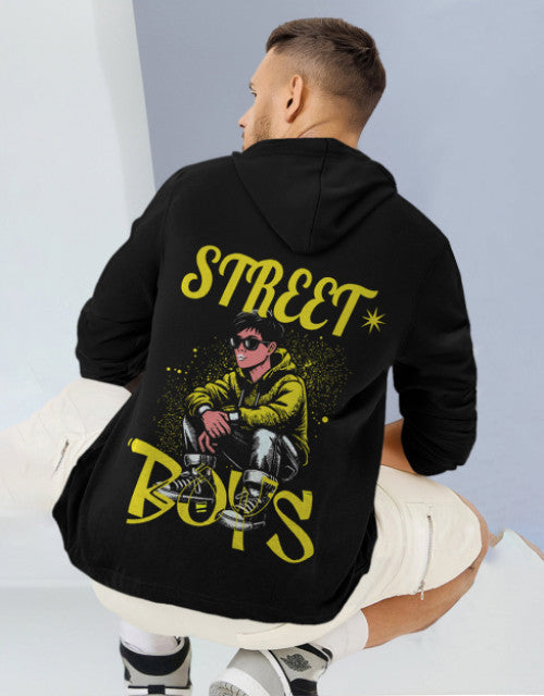 MEN BLACK PRINTED HOODED BLACK T-shirt