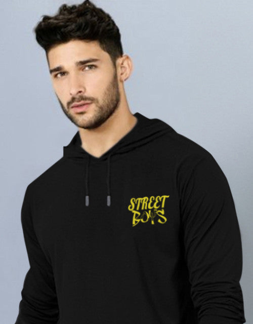 MEN BLACK PRINTED HOODED BLACK T-shirt